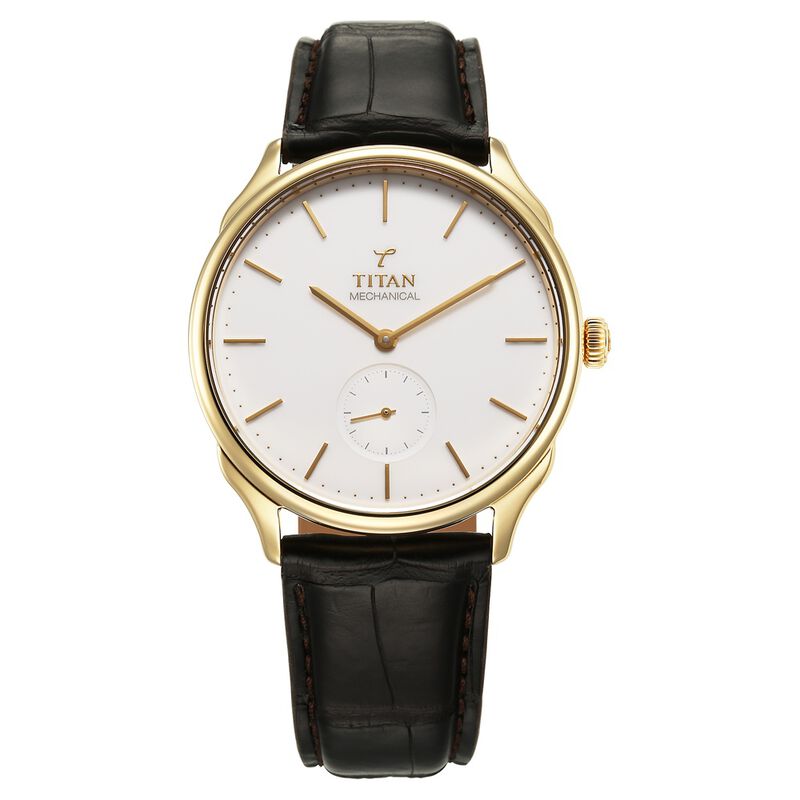 Titan 40 years Slim Mechanical White Dial 18 KT Gold Case With Leather Strap Watch For Women