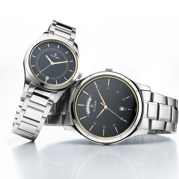 Titan Bandhan Blue Dial Analog with Day and Date Stainless Steel Strap watch for Couple - image number 1