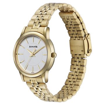 Sonata Glam Gold Quartz Analog White Dial Stainless Steel Strap Watch For Women
