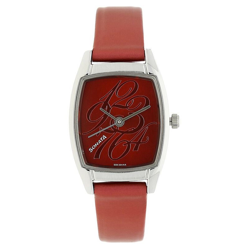 Sonata Quartz Analog Red Dial Leather Strap Watch for Women