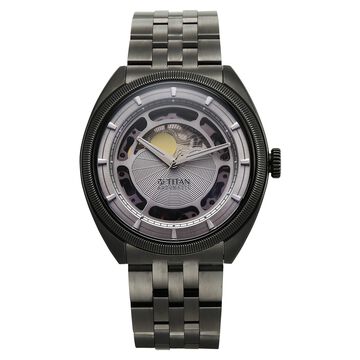 Titan Stellar Cupola Automatic Analog with Sun Moon Phase and Silver Dial Dark Gun Stainless Steel Strap Watch for Men