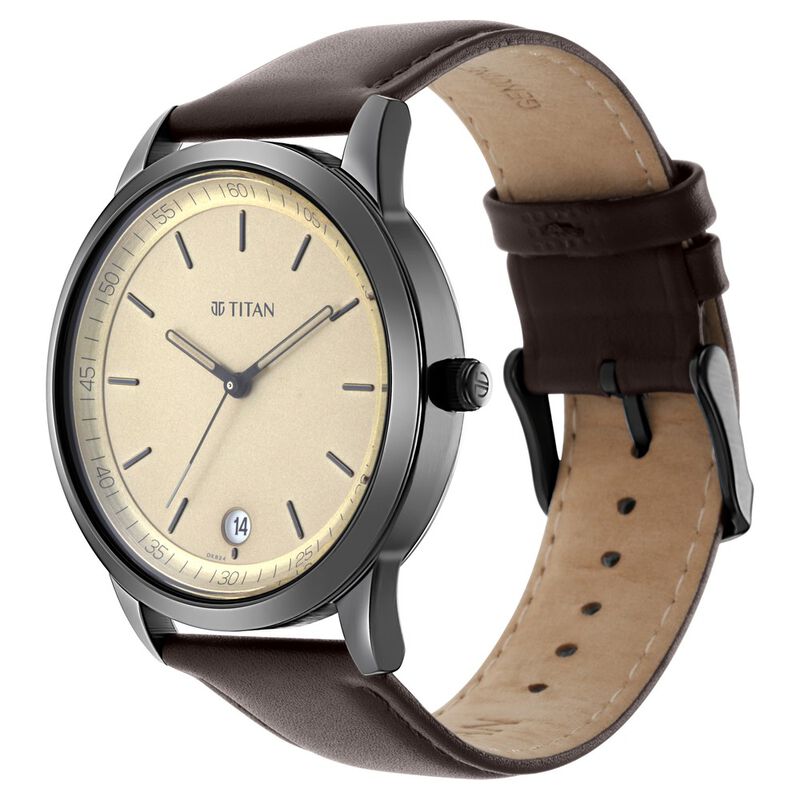 Titan Men's Timeless Style Watch: Refined Gold Dial and Leather Strap - image number 3