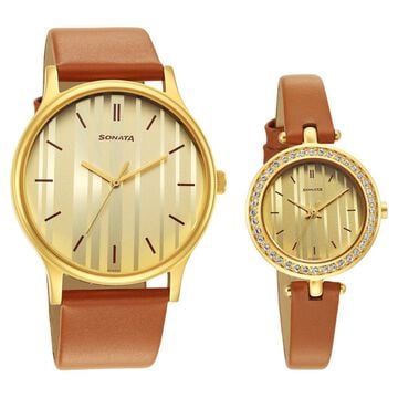 Sonata Quartz Analog Champagne Dial Leather Strap Watch for Couple