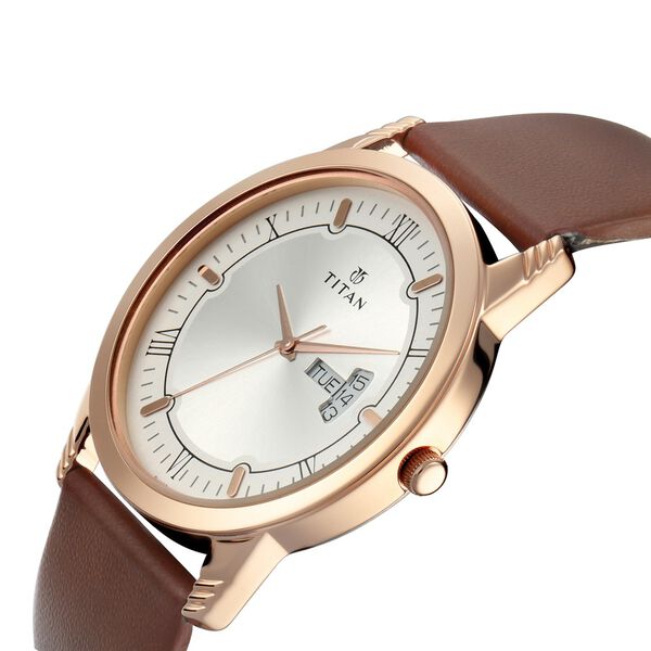Titan Quartz Analog with Day and Date Silver Dial Leather Strap Watch for Couple - image number 1