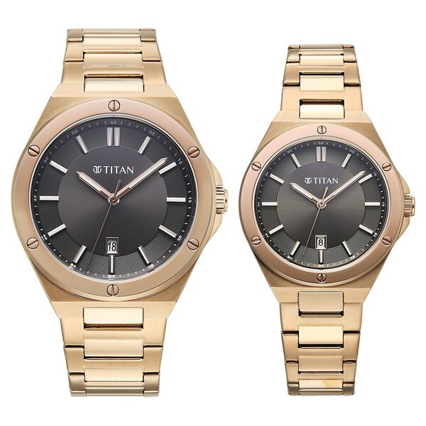 Titan Modern Bandhan Pair Analog with Black Dial Carnation Gold Stainless Steel Strap Watch for Couples - image number 0