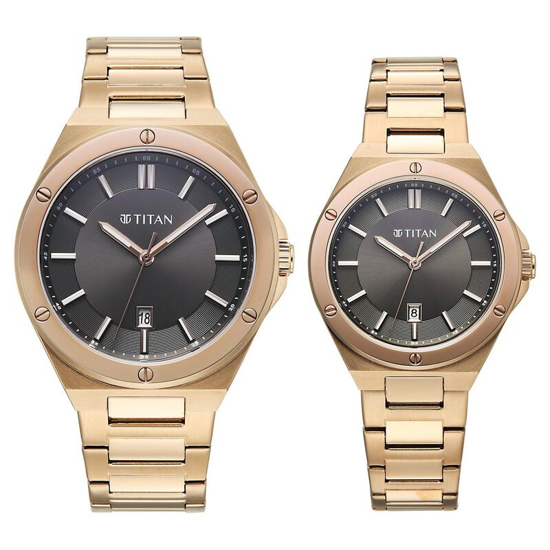 Titan Modern Bandhan Pair Analog with Black Dial Carnation Gold Stainless Steel Strap Watch for Couples