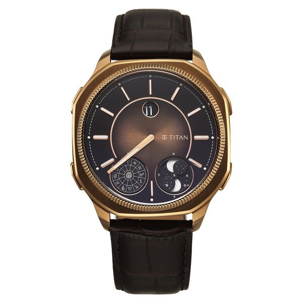 Titan Stellar Zodiac Analog with Dual Moonphase and Jumping Hour and Brown Dial Brown Leather Strap Watch for Men - image number 1