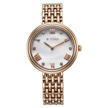 Titan Aura Quartz Analog White Mother of Pearl Dial Rose Gold Stainless Steel Strap Watch for Women