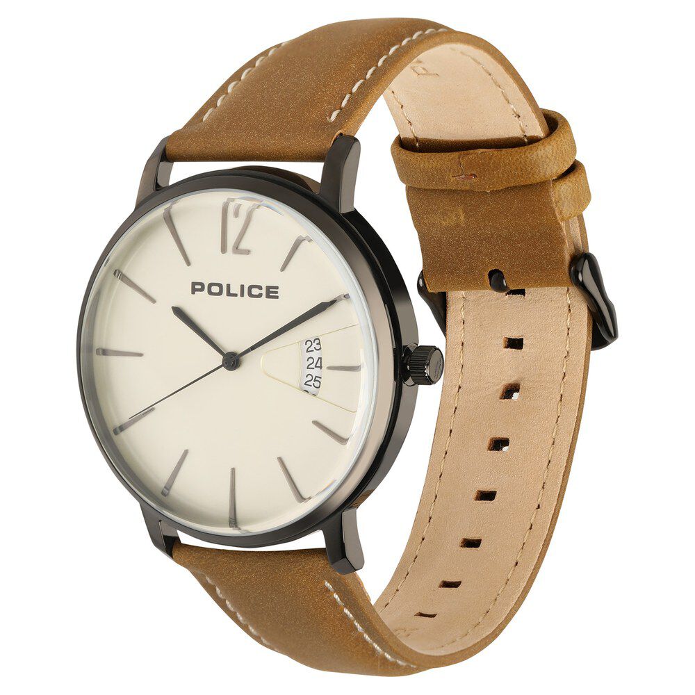 Police Quartz Analog with Date Beige Dial Leather Strap Watch for Men