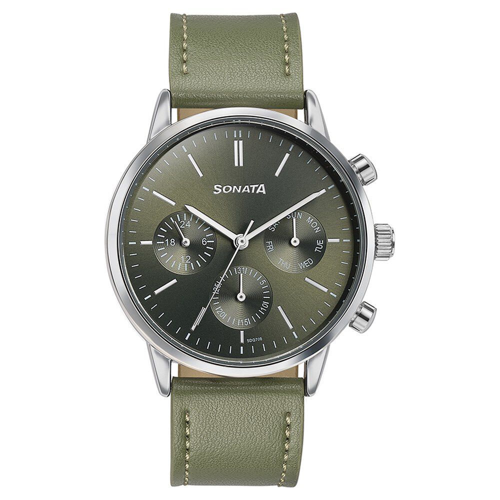 Buy Online Sonata Quartz Multifunction Green Dial Green Leather Strap Watch For Men 77139sl02 Titan