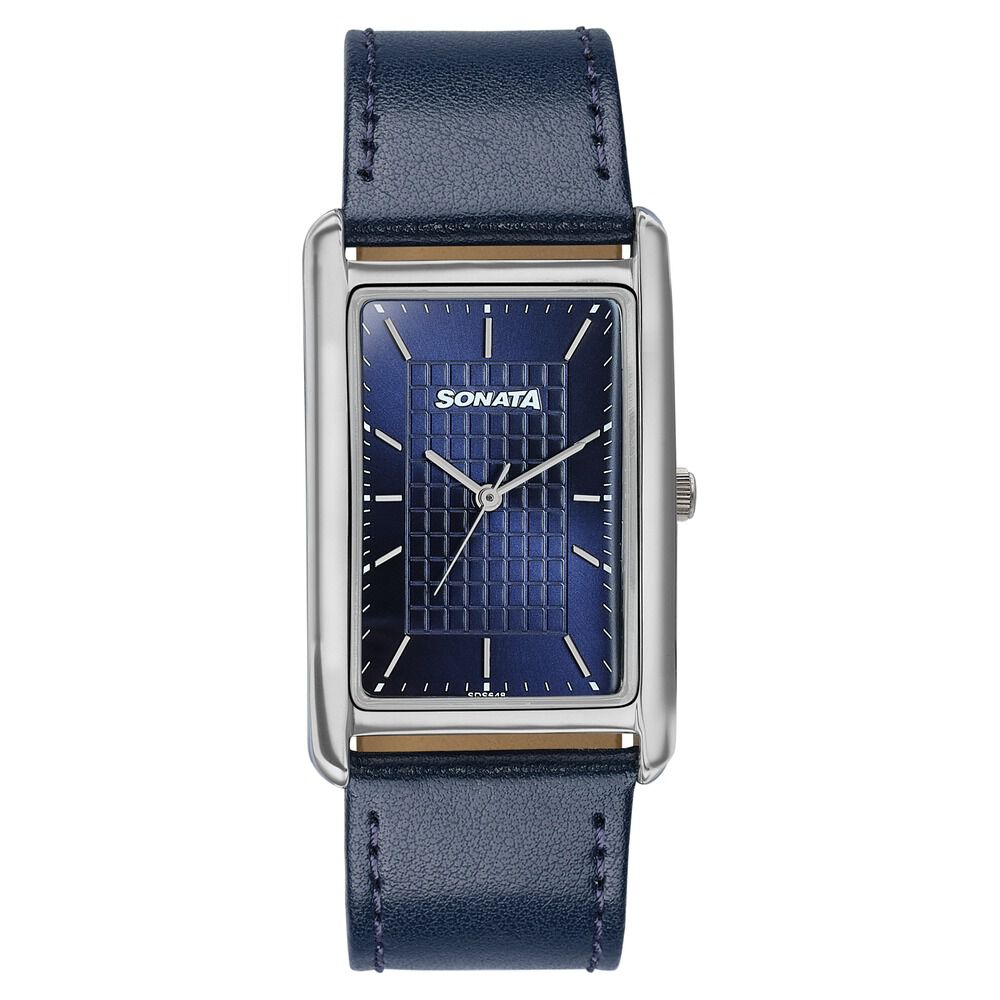 Sonata Ascent Blue Rectangular Watch with Blue Leather Strap-image-4