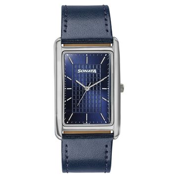 Sonata Ascent Blue Rectangular Watch with Blue Leather Strap