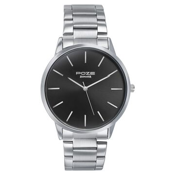 Sonata Poze Quartz Analog Black Dial Silver Color Stainless Steel Strap Watch For Men