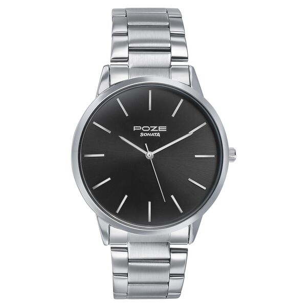 Sonata Poze Quartz Analog Black Dial Silver Color Stainless Steel Strap Watch For Men - image number 1