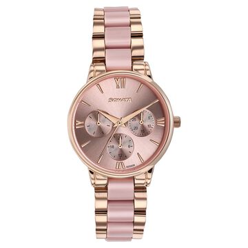 Sonata Festive Quartz Multifunction Pink Dial Two Toned Acetate And Metal Strap Watch For Women