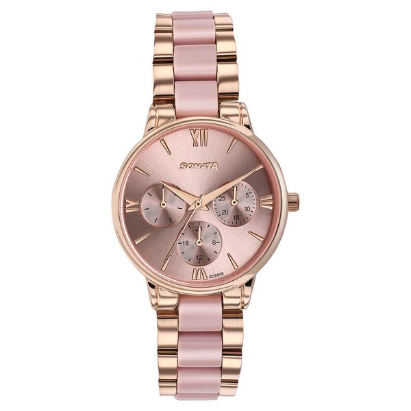 Sonata Festive Quartz Multifunction Pink Dial Two Toned Acetate And Metal Strap Watch For Women - image number 0