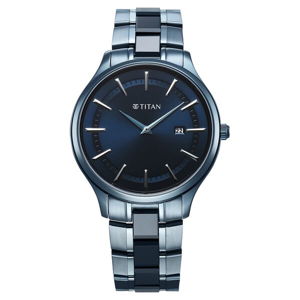 Titan Slim Ceramic Fusion Quartz Analog with Date Blue Dial Stainless Steel Strap Watch For Men - image number 0
