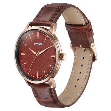Sonata Jashn Quartz Analog Red Dial Brown Leather Strap Watch For Men