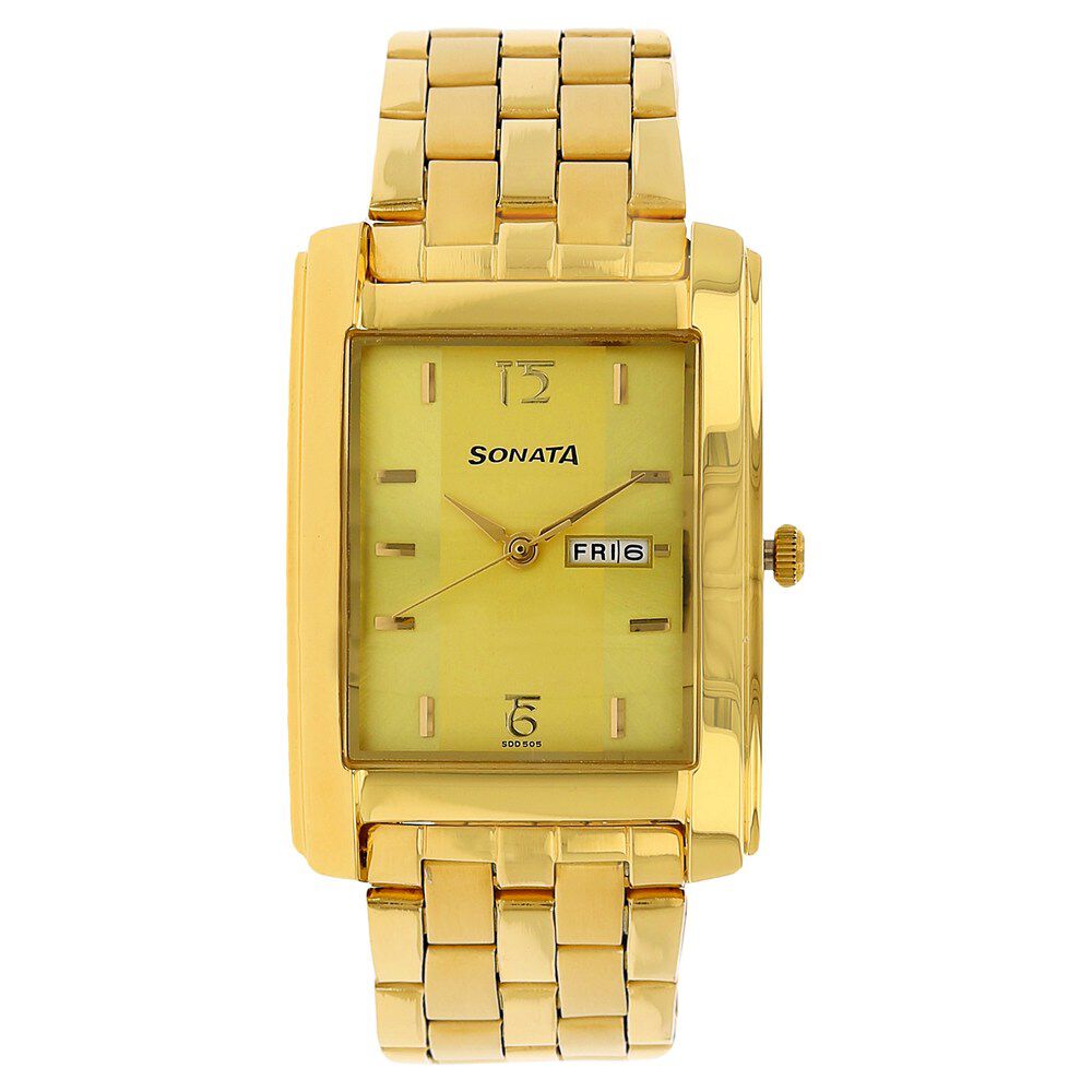 Buy Online Sonata Quartz Analog with Day and Date Champagne Dial Stainless Steel Strap Watch for Men ns7953ym04 Titan