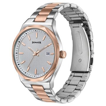 Sonata Jashn Quartz Analog White Dial Two Toned Metal Strap Watch For Men