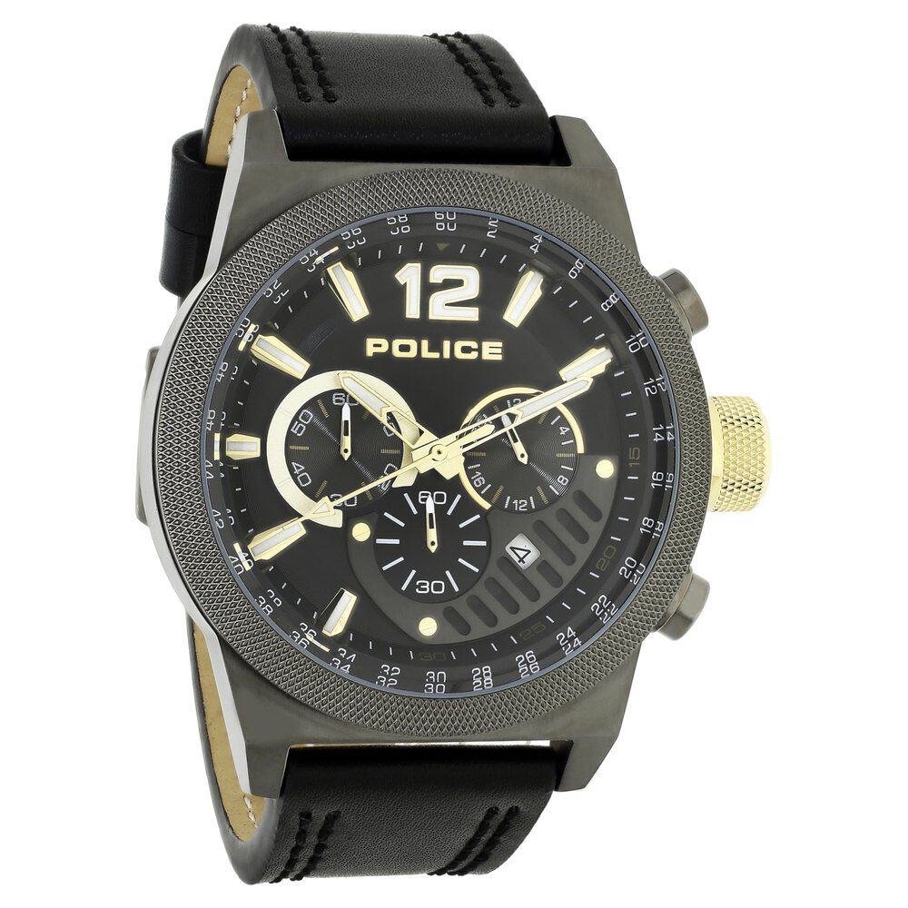 Buy Online Police Quartz Chronograph Black Dial Leather Strap
