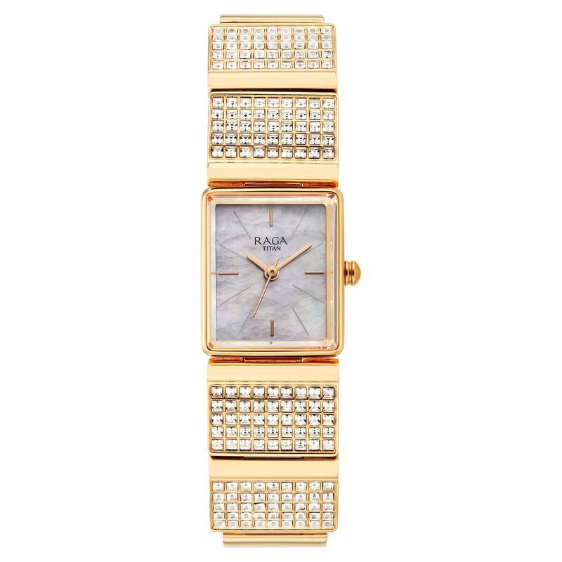 Titan Raga Unlocked Quartz Analog Mother Of Pearl Dial Rose Gold Metal Strap Watch For Women