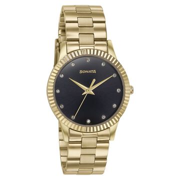 Sonata Glam Gold Quartz Analog Black Dial Stainless Steel Strap Watch For Women