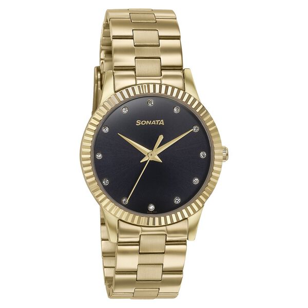 Sonata Glam Gold Quartz Analog Black Dial Stainless Steel Strap Watch For Women - image number 1