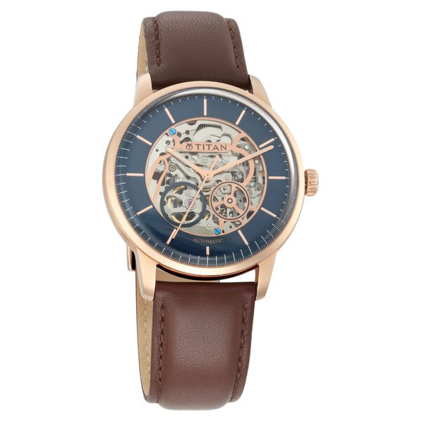 Titan Automatics Blue Dial Brown Leather Strap Watch for Men - image number 0