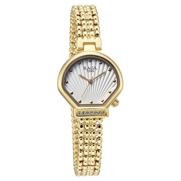 Titan Raga Spotlight Quartz Analog White Dial Golden Metal Strap Watch For Women