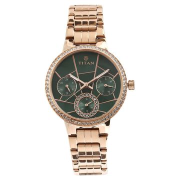 Titan Purple Quartz Multifunction Green Dial Golden Metal Strap Watch For Women