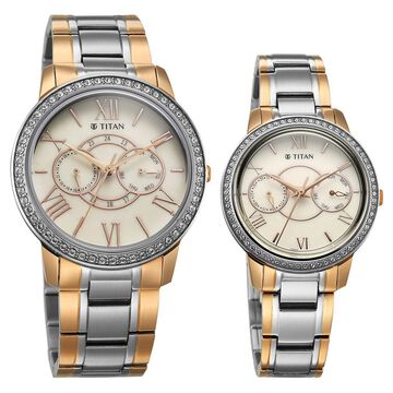 Titan Royal Bandhan Quartz Analog with Day and Date Pink Dial Two Toned Strap Watch For Couple