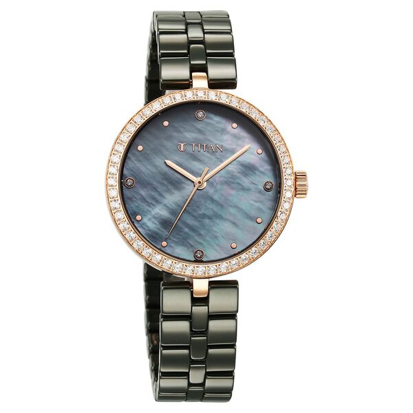 Titan Purple Ceramics Quartz Analog Mother of Pearl Dial Green Ceramic Strap Watch For Women - image number 1