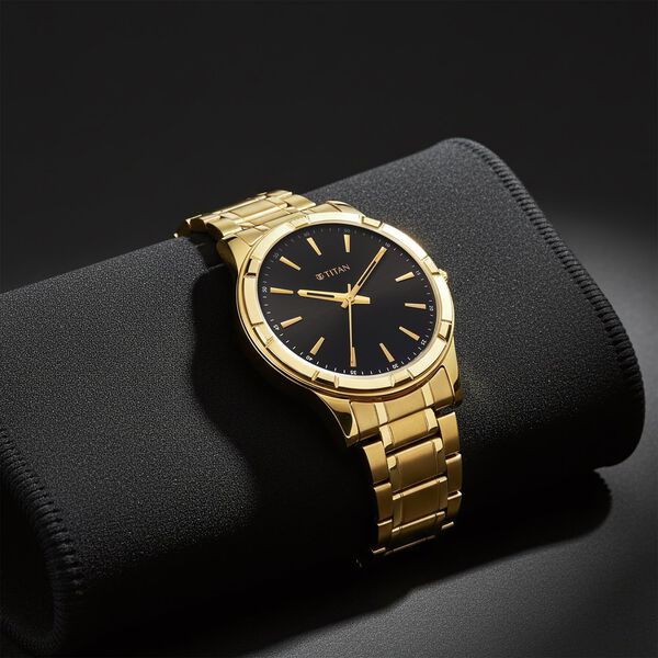 Titan Karishma Quartz Analog Black Dial Golden Stainless Steel Strap Watch For Men - image number 0