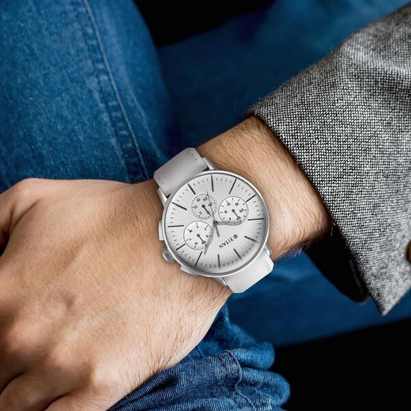 Titan Light leathers Multifunction Silver Dial Leather Strap Watch For Men - image number 4