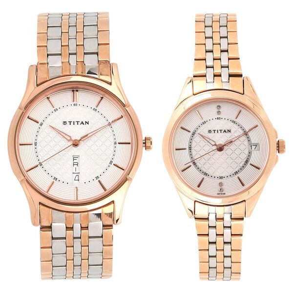 Titan Quartz Analog with Day and Date Silver Dial Stainless Steel Strap Watch for Couple - image number 0