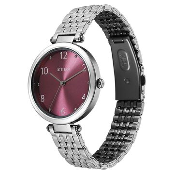 Titan Workwear Quartz Analog Purple Dial Silver Colour Metal Strap Watch For Women