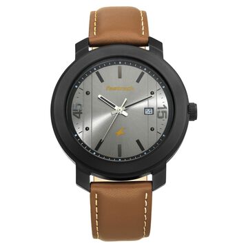 Fastrack Bare Basics Quartz Analog with Date Grey Dial Leather Strap Watch for Guys
