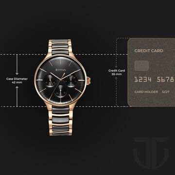 Titan Ceramic Fusion Quartz Multifunction Black Dial Rose Gold Dual-Toned Stainless Steel Bracelet Watch for Men