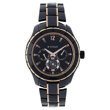Titan Ceramic Black Dial Analog with Day and Date Stainless Steel Strap Watch for Men