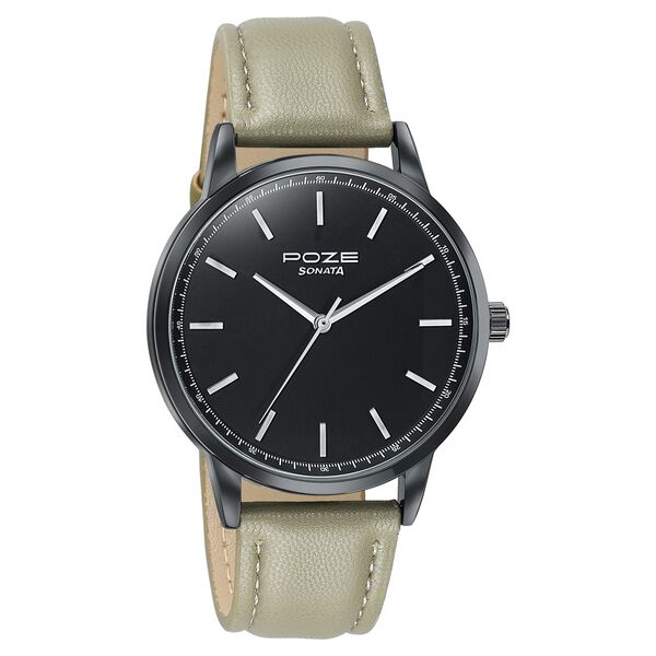 Poze By Sonata Quartz Analog Black Dial Beige Leather Strap Watch For Men - image number 2