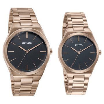 Sonata Wedding Edit Quartz Analog Black Dial Stainless Steel Strap Watch For Pair