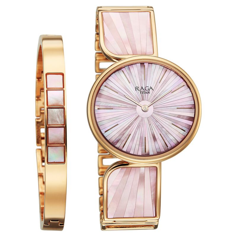 Titan Raga Power Pearls Quartz Analog Mother of Pearl Dial Rose Gold Metal Strap Watch For Women