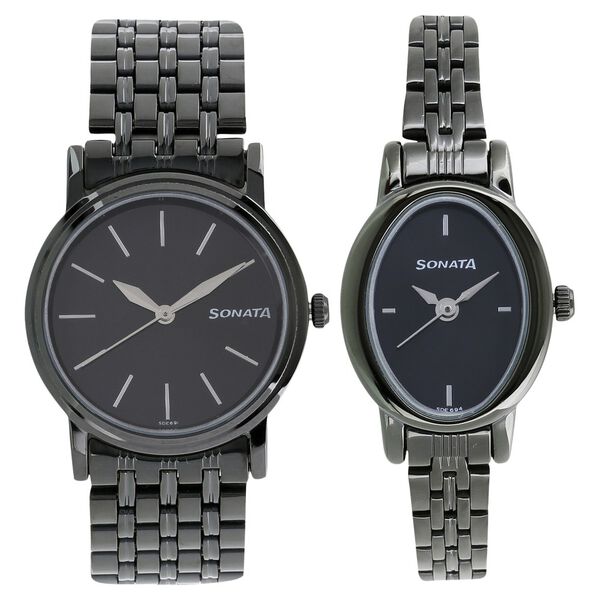 Sonata Quartz Analog Black Dial Metal Strap Watch for Couple - image number 0