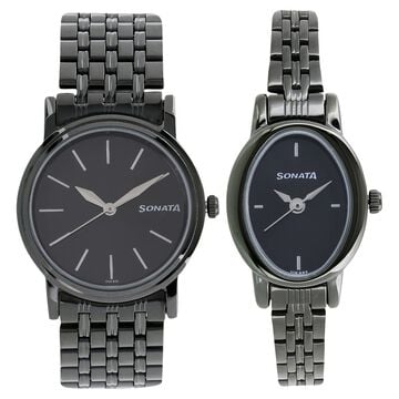 Sonata Quartz Analog Black Dial Metal Strap Watch for Couple