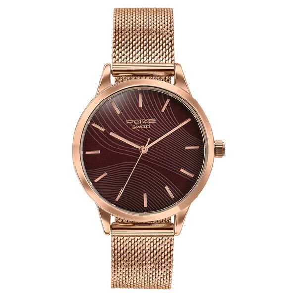 Poze By Sonata Quartz Analog Wine Red Dial Rose Gold Metal Strap Watch For Women - image number 1