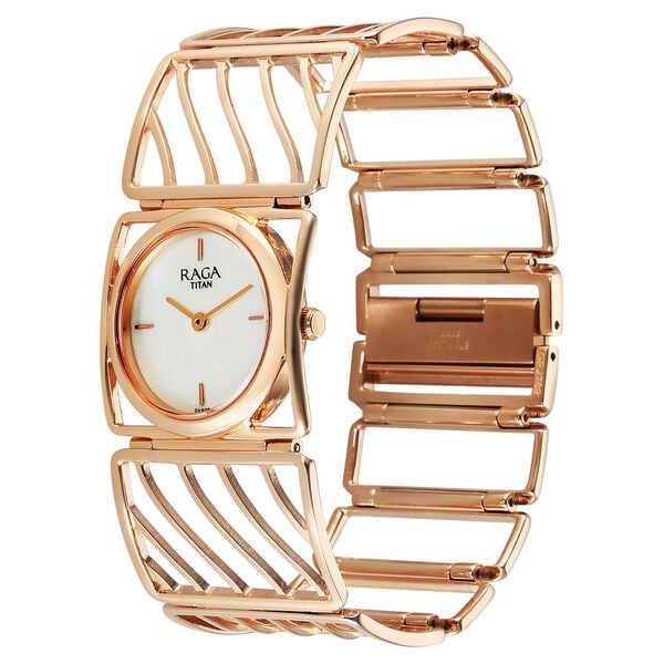 Titan Raga Ethereal Quartz Analog White Mother Of Pearl Dial Rose Gold Stainless Steel Strap Watch For Women - image number 4