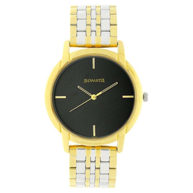 Sonata Quartz Analog Black Dial Stainless Steel Strap Watch for Men