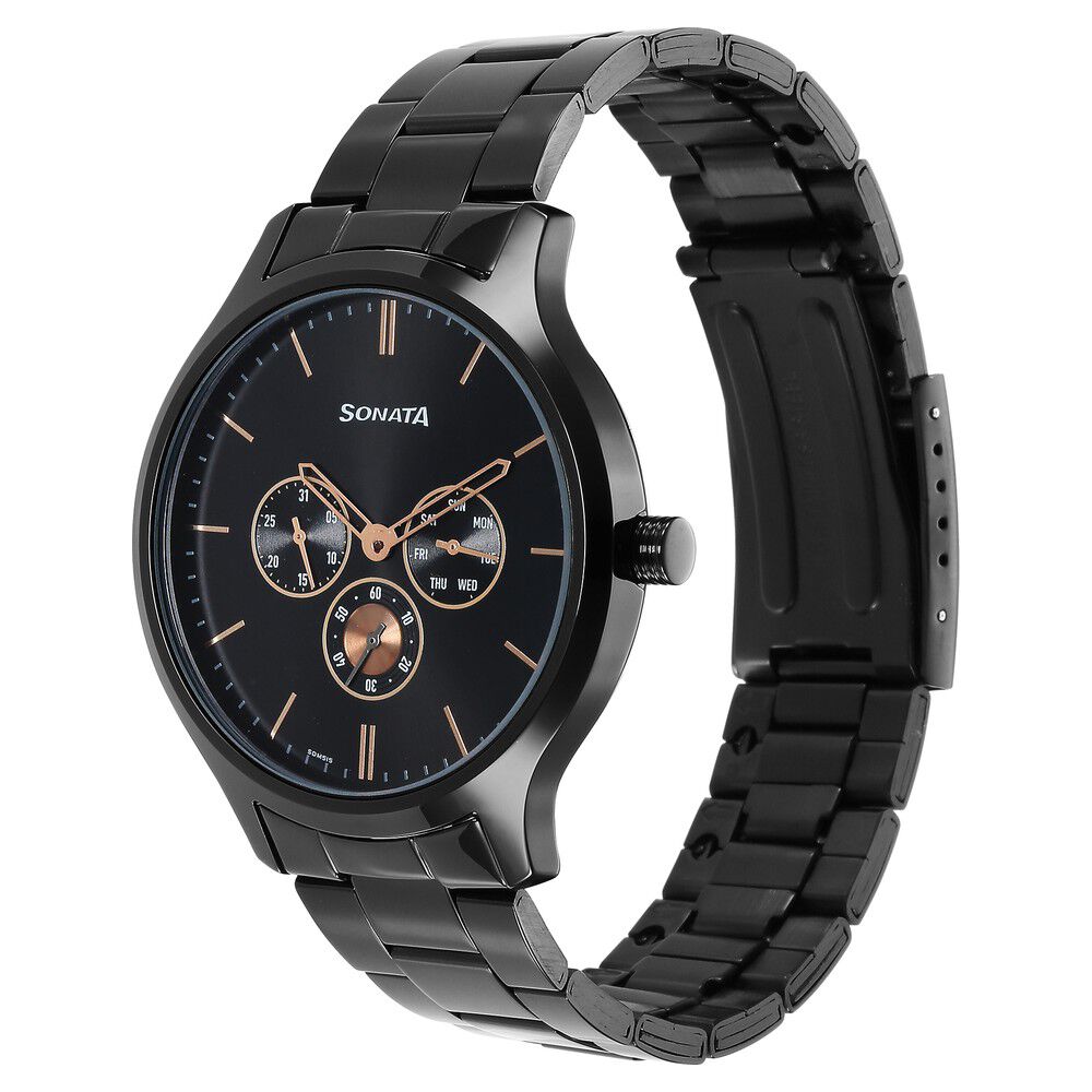 Buy Online Sonata Quartz Multifunction Black Dial Stainless Steel