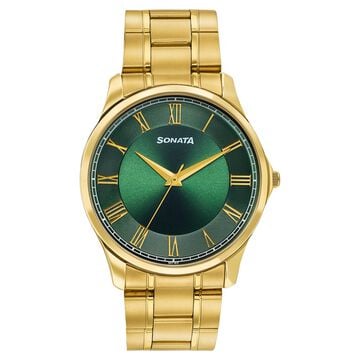 Sonata Traditional Essentials Green Dial Gold-Tone Stainless Steel Strap Watch